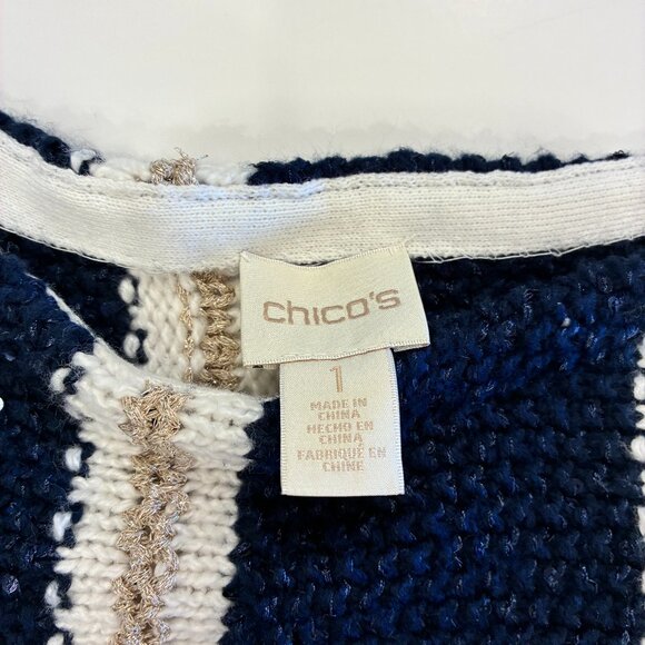 Chico’s Elin Shine Striped Pullover Sweater – Navy Gold Knit 3/4 Sleeve 1 - Picture 2 of 6